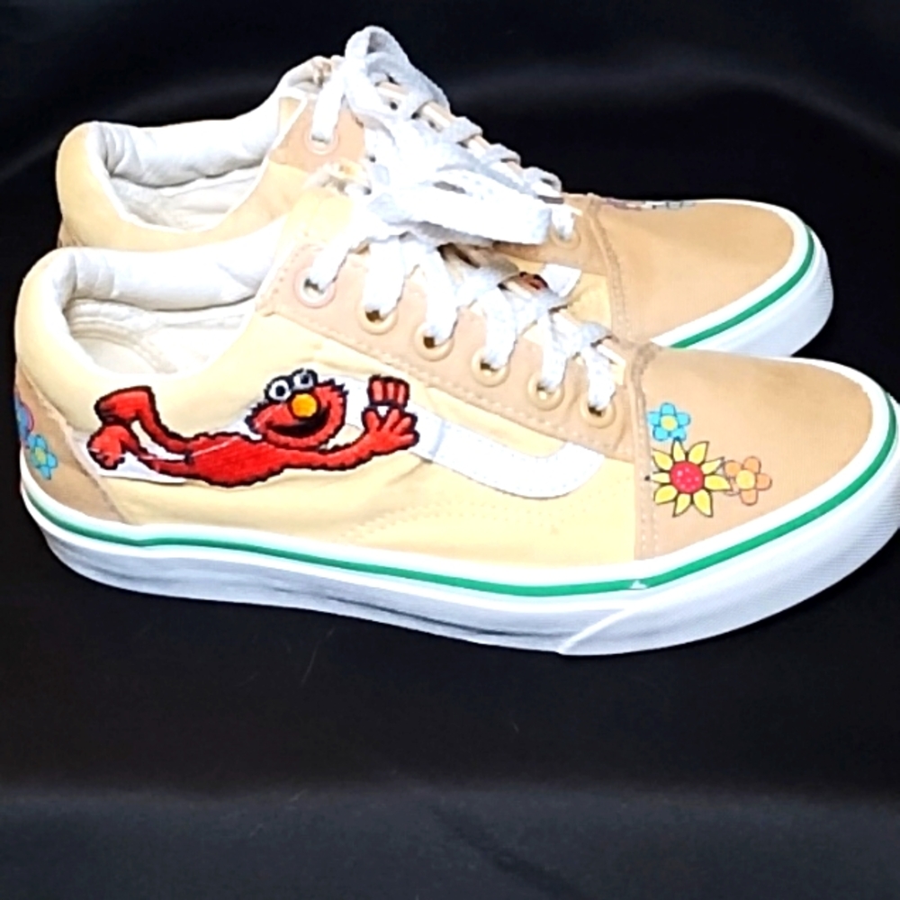 Vans Tan and White Sneakers with Graphic Design and Canvas Texture